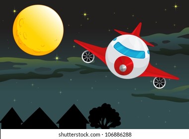 illustration of a moon and aeroplane in dark night sky