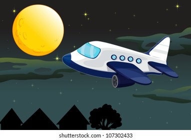 illustration of a moon and aeroplane in dark night sky