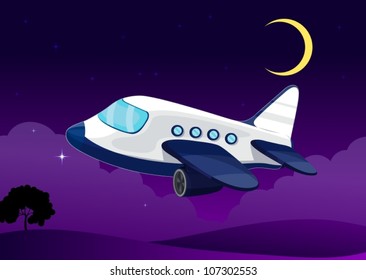 illustration of a moon and aeroplane in dark night sky