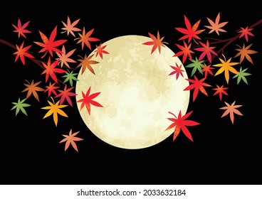 Illustration of the moon and autumn leaves. Moon viewing festival in Japan.  vector illustration.