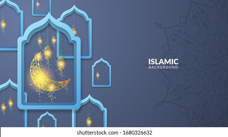 illustration of the moon and bright gold lights and particles on a blue background for the celebration of ramadan kareem