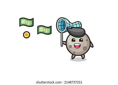 illustration of the moon catching flying money , cute design