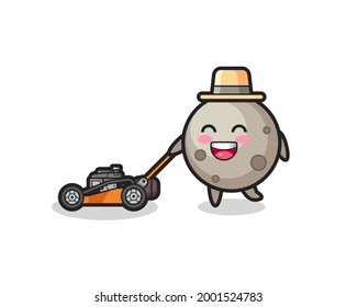 illustration of the moon character using lawn mower , cute style design for t shirt, sticker, logo element