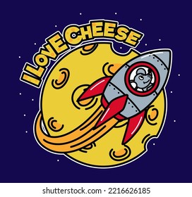 ILLUSTRATION MOON OF CHEESE AND MOUSE TRAVELING IN A SPACESHIP