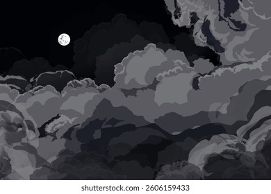 illustration of the moon in a cloudy night sky