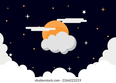 illustration moon covered and clouds in the night sky  Vector night sky background stars   moon  crescent moon and clouds   stars in space