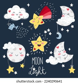 Illustration of the moon in different phases, a comet, a star and a cloud, on a starry night

