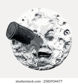 Illustration of a moon with a face hit by a rocket. The moon's face shows surprise. The rocket is embedded in the moon's eye. Classic film reference. Vintage art illustration, vector.