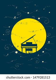 Illustration of the Moon and a Grand Piano Under a Starry Night