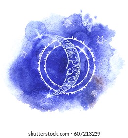 Illustration of a moon with human face on blue watercolor background
