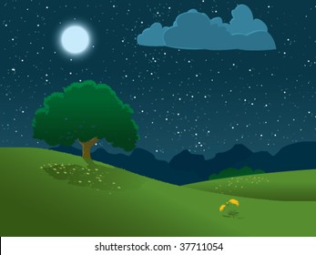 An illustration of a moon lit tree on a hill against a starry night sky, and the silhouette of a mountain range in the distance.