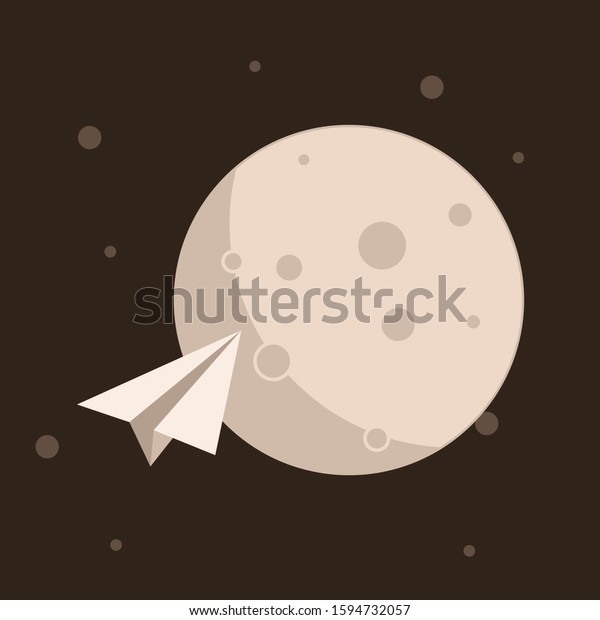 Illustration of Moon and an origami\
paper rocket. Concept of moon exploration. Flat illustration.\
