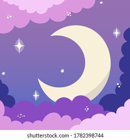 Ilustración de la luna en nubes violetas