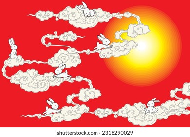 Illustration, Moon rabbit mid autumn festival with chines cloude on red background.
