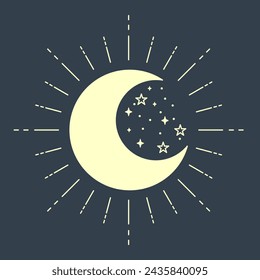 Illustration of the moon with rays and stars. Magic moon horoscope illustration.