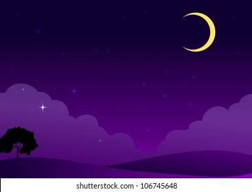 illustration of a moon and stars in dark night sky