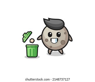 illustration of the moon throwing garbage in the trash can , cute design