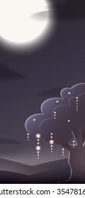Illustration with moon, tree and lanterns for postcards, backgrounds, posters, and your creativity
