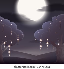 Illustration with moon, trees and lanterns for postcards, backgrounds, posters, and your creativity