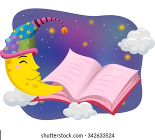 Illustration of the Moon Wearing a Nightcap While Reading a Book - eps10