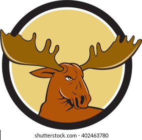 Illustration of a moose head looking to the side set inside circle on isolated background done in cartoon style. 