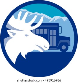 Illustration of a moose head viewed from the side set inside circle with school bus and mountains alps in the background done in retro style. 