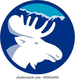 Illustration of a moose head viewed from the side set inside circle with mountains alps in the background done in retro style. 