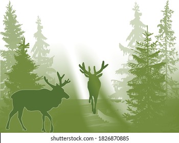 illustration with moose silhouette in green forest