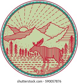 Illustration of a moose viewed from the side with river mountain and sun burst in the background set inside circle done in retro style. 