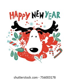 Illustration of a moose's head with inscription Happy New year on white background with a design of tree branches, candy and Christmas toys. For posters, postcards, flyers, invitation, social media