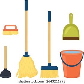 Ilustração de esfregão, escova, vassoura, poeira e balde com água. Material de limpeza isolado sobre fundo branco