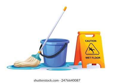 Illustration of a mop, bucket, and caution wet floor sign. Cleaning equipment vector isolated on white background