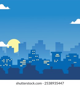 Illustration of a morning blue cityscape with urban skyline and buildings against a gradient sky. Ideal for backgrounds, banners, and promotional designs.