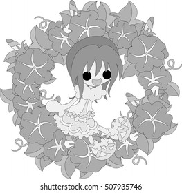 The illustration of morning glory and a girl