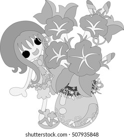 The illustration of morning glory and a girl