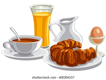 illustration of morning healthy breakfast with tea and croissant