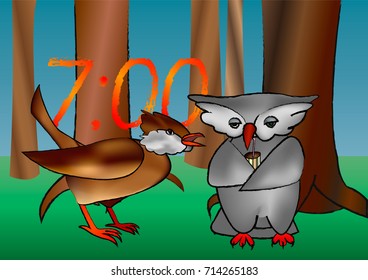 Illustration of the morning meeting of a lark and an owl
