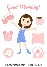 Illustration of a morning routine. The girl woke up.Breakfast icons.Vector illustration