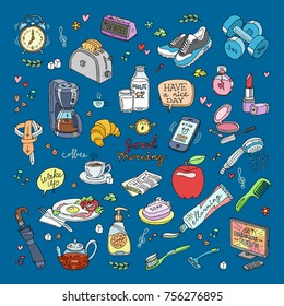 Illustration of morning set in blue background. Vector handmade color sketch. Drawing icons with morning and breakfast, coffee, sun, tea, walk and more symbols.