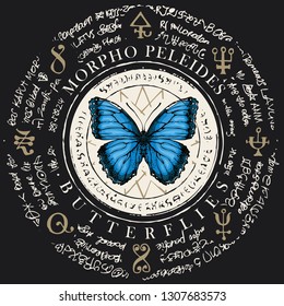 Illustration of a Morpho peleides butterfly with blue wings on an old abstract background with magical inscriptions and symbols. Vector banner in retro style on the black background