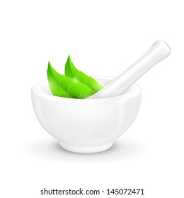 illustration of mortar and pestle with herbal leaf