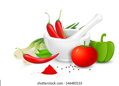 illustration of mortar and pestle with spices and vegetables