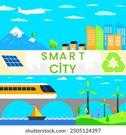  Illustration eines Mosaikmusters von umweltfreundlichen Smart City Symbolen mit abstraktem Formenlayout. quadratische Größe Bauhaus Muster Hintergrund mit umweltfreundlichem Energiekonzept