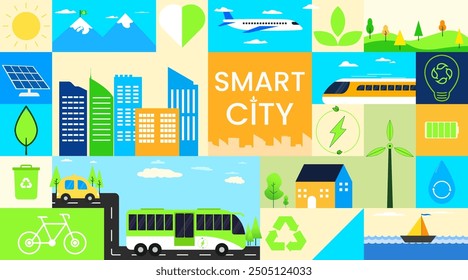  Illustration of a mosaic pattern of green eco friendly smart city symbols with abstract shapes of nature and city. bauhaus pattern background with the concept of green energy and sustainable energy