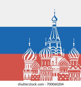 illustration of Moscow Saint Basil Cathedral on background Russian flag