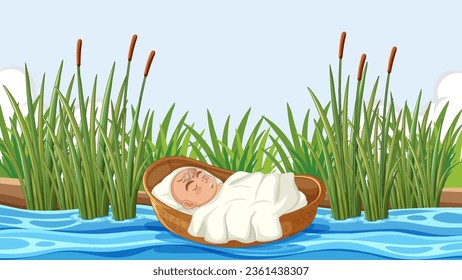 Illustration of Moses as a baby in a basket floating along the Nile River