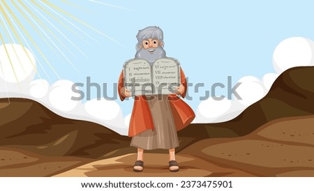 Illustration of Moses holding Ten Commandments from religious Bible story