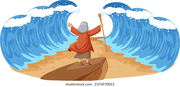 Illustration of Moses parting the Red Sea in a cartoon style