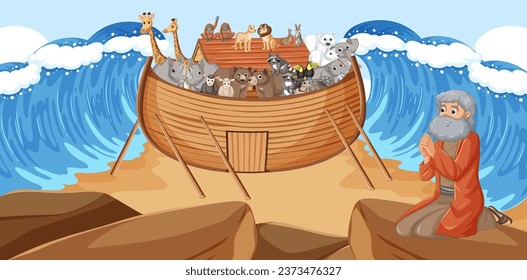 Illustration of Moses praying on a rock while Noah's Ark sails through the parted sea with loaded wild animals