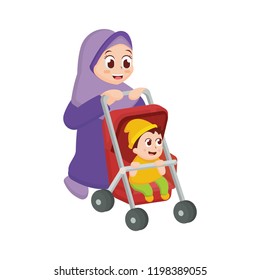 Illustration of Moslem Mother with Cartoon Style
